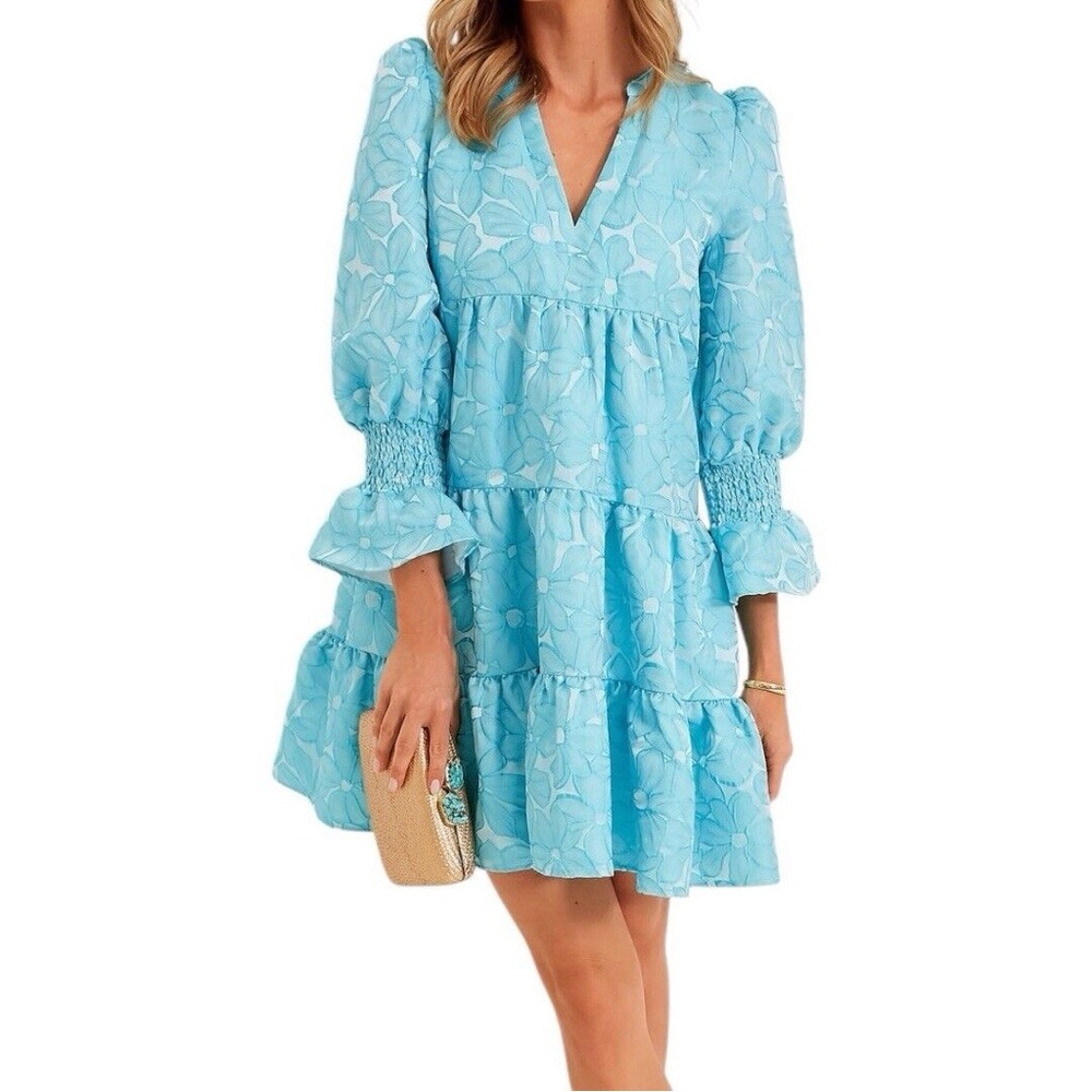 NWT Tuckernuck Pomander Place Blue Daisy Jacquard Kenzo Dress Ruffle Tiered Med